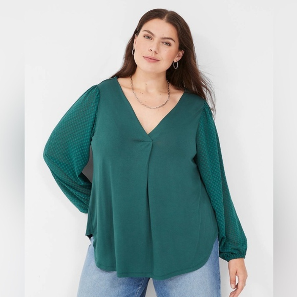 Lane Bryant Emerald Green Woven-Sleeve V-Neck Knit Top 1X 18/20